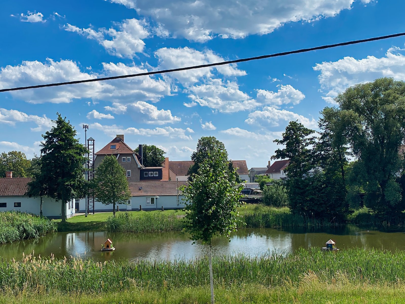 Blick vom Obergeschoss auf den Dorfteich